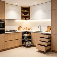 Meubles de cuisine en bois sur mesure, panier coulissant d'angle avec éclairage LED, système de rangement écologique pour la rénovation de la cuisine à domicile
