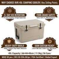 Glacière portable et réutilisable en LLDPE rotomoulé 45QT avec impression de logo personnalisé, pour le stockage de glace sèche, idéale pour le camping en extérieur