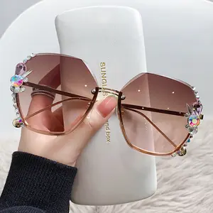 HY gafas de diamantes de imitación de Marco grande sin montura UV personalidad cara femenina adelgazante con marca