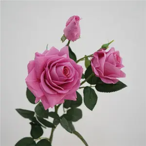 Custom Wholesale High Quality Artificial Flower Real Touch Rose 3 Head Hibiscus Rose Indoor Home Wedding Party Decoration Flower