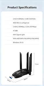 Carte réseau sans fil USB WiFi5 650 Mbps avec 4 antennes à gain élevé, adaptateur <span class=keywords><strong>WiFi</strong></span> double bande Plug & Play pour PC portable - Product Image 6