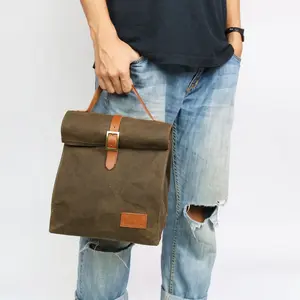 customized waxed canvas lunch bag with leather handle pattern