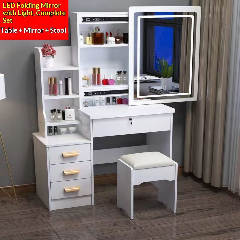 Tabouret avec lampe LED blanc chaud intégrée dans le meuble de rangement.