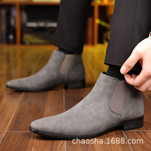 Bottes Chelsea pour hommes, noires, à talon bas, couleur unie, style britannique, confortables pour les tenues décontractées et professionnelles - Product Image 4