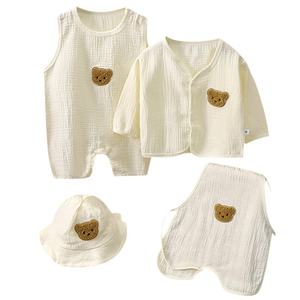 Conjunto <span class=keywords><strong>de</strong></span> Cuatro Piezas para Bebé Recién Nacido, Chaqueta con Tirantes, Faja, 100% Algodón, Color Sólido, Ropa <span class=keywords><strong>de</strong></span> Verano Unisex - Product Image 1