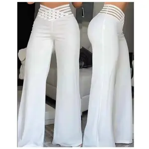 Conyson yeni moda rahat yüksek bel Hollow kemer pantolon amerikan boyutu kadınlar sonbahar Polyester boş rahat geniş bacak pantolon
