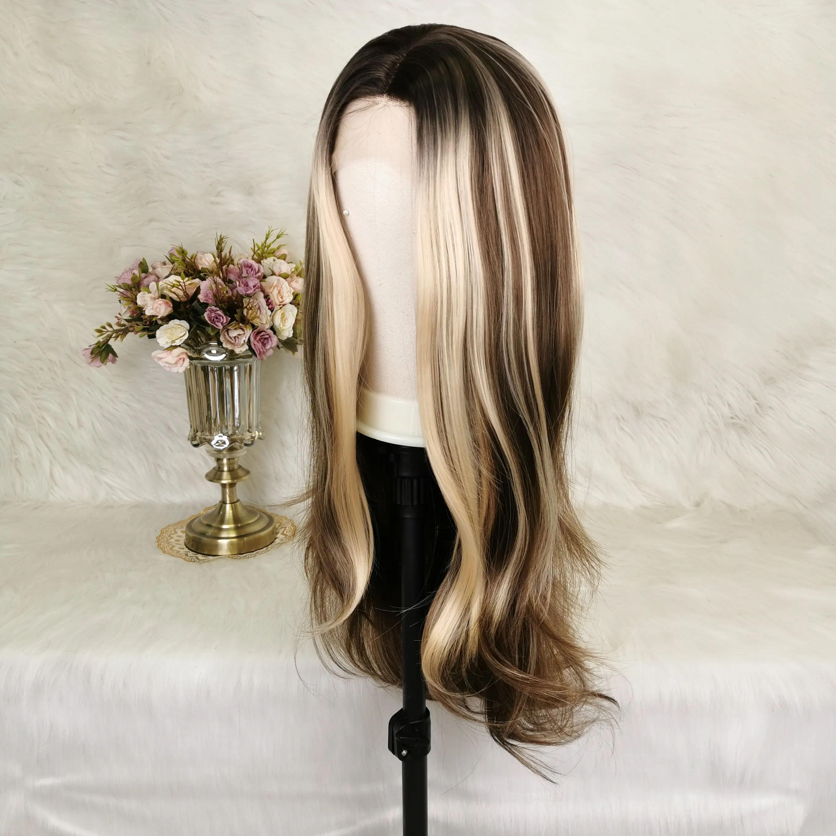 Best selling high temperature super wave fiber hair wig wigs brown highlight blonde blend human hair and fiber lace wig