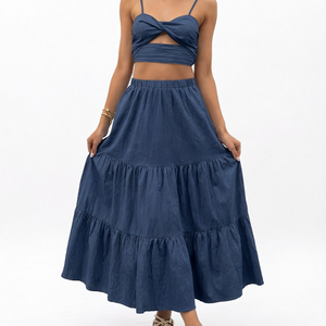 <b>Women's</b> <b>Navy</b> <b>Blue</b> Elastic Waist A-Line Tiered Midi <b>Skirt</b> With Ruffles Bohemian Style Summer Cotton Bamboo Fiber <b>Skirt</b> - Product Image 1