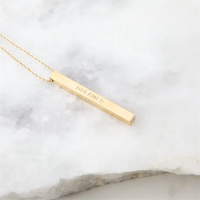 2023 Tarnish free jewelry 18k pvd gold Engraved Custom Vertical Bar necklace jewelry manufacturer Long Necklace for women