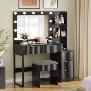 Ensemble coiffeuse 5 tiroirs et 2 étagères, finition mélaminée, en panneau de particules noir, avec 11 ampoules tricolores et multiprise, pour coiffeuses de maquillage - Product Image 2