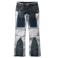 Pakaian Jalanan Pria Berkualitas Tinggi Ramah Lingkungan Gaya Y2K High Street Utility Biru Tua Cuci Batik Print Panel Patch Denim