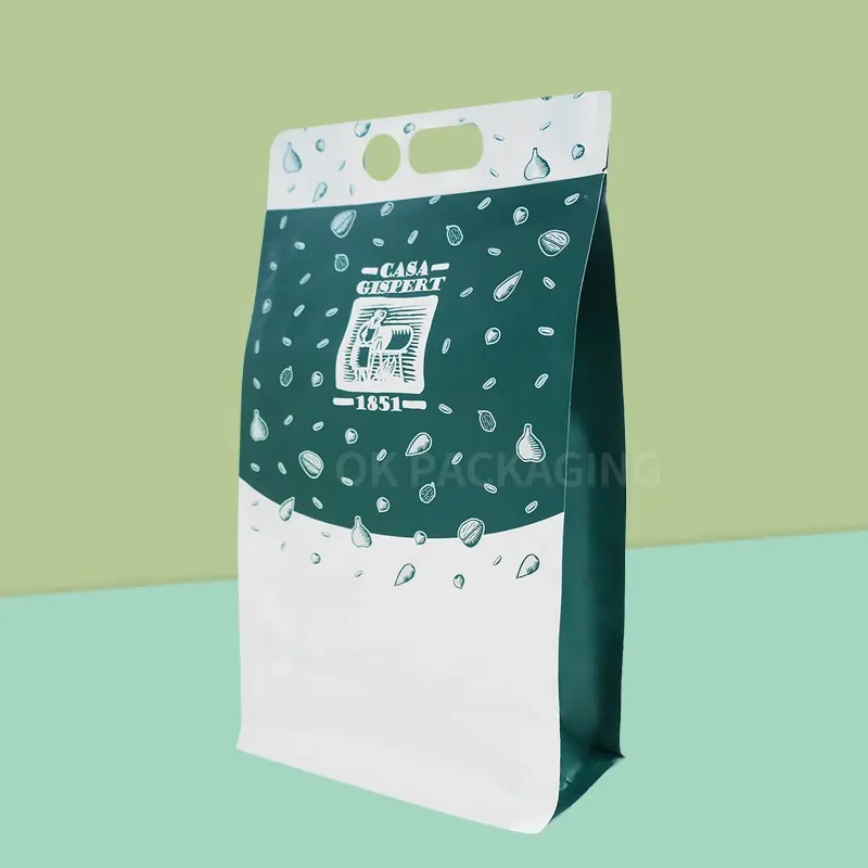 Op Maat Gemaakte Plastic Zak Voedselverpakking Rijstverpakking Groene Aluminiumfolie Stand Up Platte Bodem Rijstzak Voor Rijst