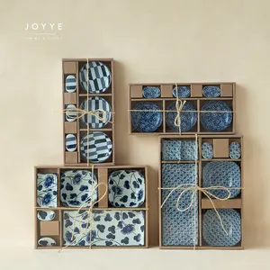 JOYYE Japanese blue and white sushi set 6pcs ceramic square dinner tableware dinnerware sushi plates set with gift box