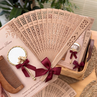 Set Hadiah Pernikahan Vintage: Kipas Kayu Bambu, Cermin, Bunga Kering, dan Sisir Kayu, Kipas Tangan Custom