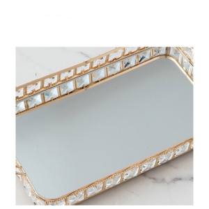 Plateau de service rectangulaire en cristal de luxe avec poignées dorées, plateau miroir, vente chaude <span class=keywords><strong>2023</strong></span>, décoration d'intérieur en métal doré poli - Product Image 5