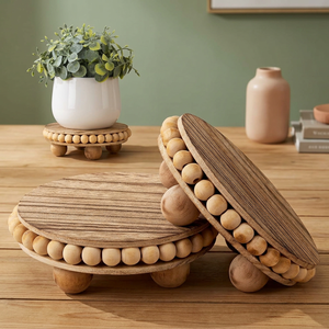 Plateau décoratif rond en bois avec bordure perlée, style scandinave, support pour plantes pour la décoration de la maison - Product Image 4