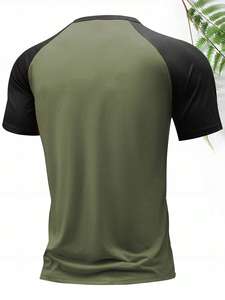 T-shirt pour <span class=keywords><strong>homme</strong></span> en vert olive et noir contrasté, col Henry, coupe ample, respirant, tricoté, 220 grammes, manches courtes, imprimé - Product Image 3