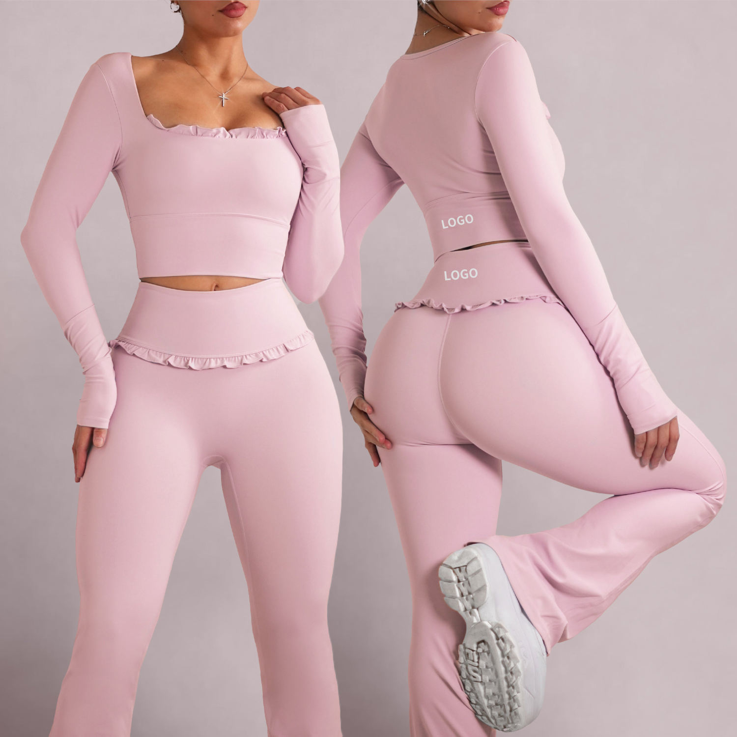 Yoke Custom Yoga Set Women's Ballet Inspired Ruffled Long Sleeve Butt Lifting Leggings Comfortable Soft Gym Running Activewear