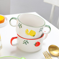 Bol à cuire en céramique créatif motif cerise, petit bol mignon à double anse pour petit-déjeuner, aliments pour bébé, œufs à la vapeur, riz