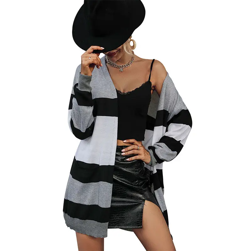 autumn loose striped Women Coat Polyester mid-long style with pocket patchwork ladies cardigan gray 779958