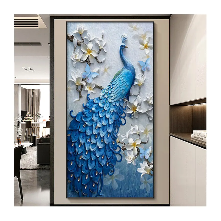 Blue 3D Peacock Diamond Crystal Porcelain High-Definition Waterproof And Reflective Animal wall Home Decor Accessories