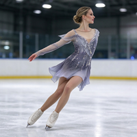 Robe de patinage et de danse dégradé gris-violet, manches longues en maille, dos nu orné de strass, pour enfants et adultes, compétition et performance