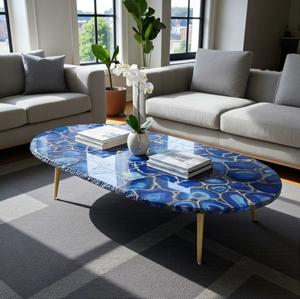 โต๊ะอาหารหินอาเกตสีน้ำเงินสุดหรู งานฝีมือจากแผ่นหินอัญมณี โต๊ะอาหารดีไซน์โดดเด่น ท็อปโต๊ะอาหารหินอัญมณีอาเกตสีน้ำเงิน - Product Image 2