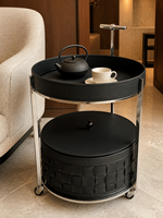 Table d'appoint ronde en cuir caramel tressé avec rangement et structure en acier inoxydable, vente directe usine, OEM ODM