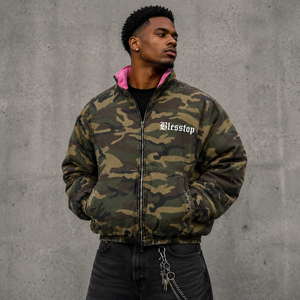Blouson Bomber <span class=keywords><strong>Camouflage</strong></span> Personnalisé BlessTop pour Homme, Effet Délavé Acide, Style Vintage Usé, Double Fermeture Éclair, Réversible, Veste Streetwear - Product Image 1