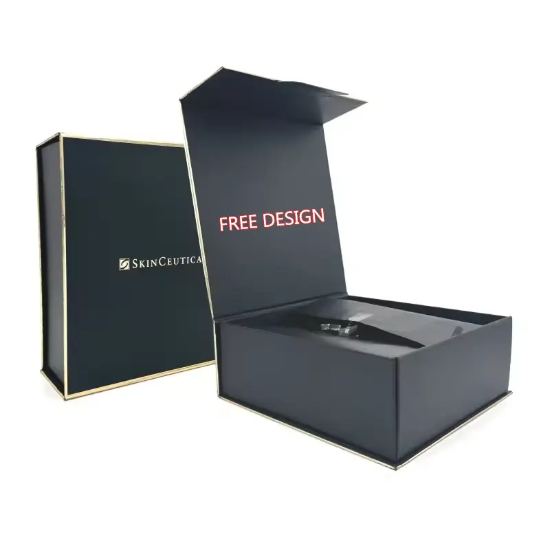 Embalagem de caixa de presente magnética dobrável com alça de fita de luxo, papelão rígido e personalizado, preto e rosa, embalagem para roupas