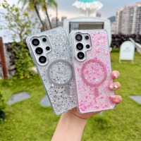 Étui fin magnétique transparent avec paillettes et sequins en époxy pour Samsung Galaxy S23 S24 S25 S26 Ultra, compatible avec la charge sans fil, antichoc, coque brillante
