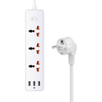 Multiprise de style européen 3 voies avec câble de 1,8 m, 2 ports USB-A/0-C, 3 prises CA 10A 110V/220V, noir et blanc