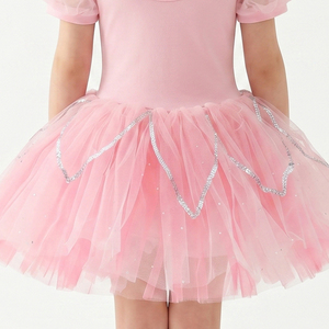 Vestido de Ballet para Niñas con Mangas Abullonadas de Malla y Bordado Floral, Falda de Tul Rosa con Adornos Plateados, Disfraz de Danza para Recital - Product Image 3