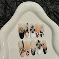 Faux ongles à presser faits main en amande, 10 pièces, ABS, rose nude brillant, motif léopard avec strass, ongles français noirs