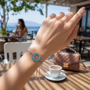 Hamsa Design Turquoise CZ Stone Wholesale Handmade Turkish <b>Adjustable</b> Tennis 925 Sterling Silver <b>Bracelet</b> - Product Image 3