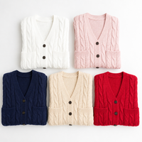 Cardigan surdimensionné personnalisé pour femme, col en V, tricot torsadé, boutons, poches plaquées, manches longues, vente en gros OEM, marque privée, commande en gros