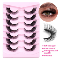 7 paires de faux cils en vison naturel, courbure D, effet œil de chat, style œil de renard, volumineux et légers, avec étui