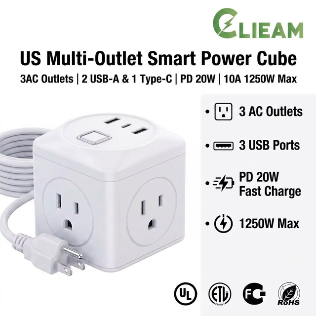 Clieam Wholesale US Multi-Outlet Power Cube PD 20W USB C, UL Listed 1250W Smart Extension Socket