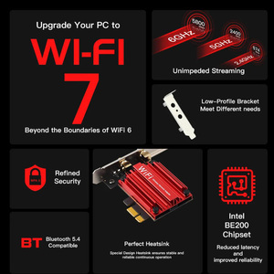 Adaptador WiFi 7 PRO PCIe Inalámbrico, Tarjeta WiFi Tribanda con BT 5.4 para Intel BE200NGW Wifi7 2.4G/5G/6GHz <span class=keywords><strong>Win</strong></span> 10/11 64bit - Product Image 2
