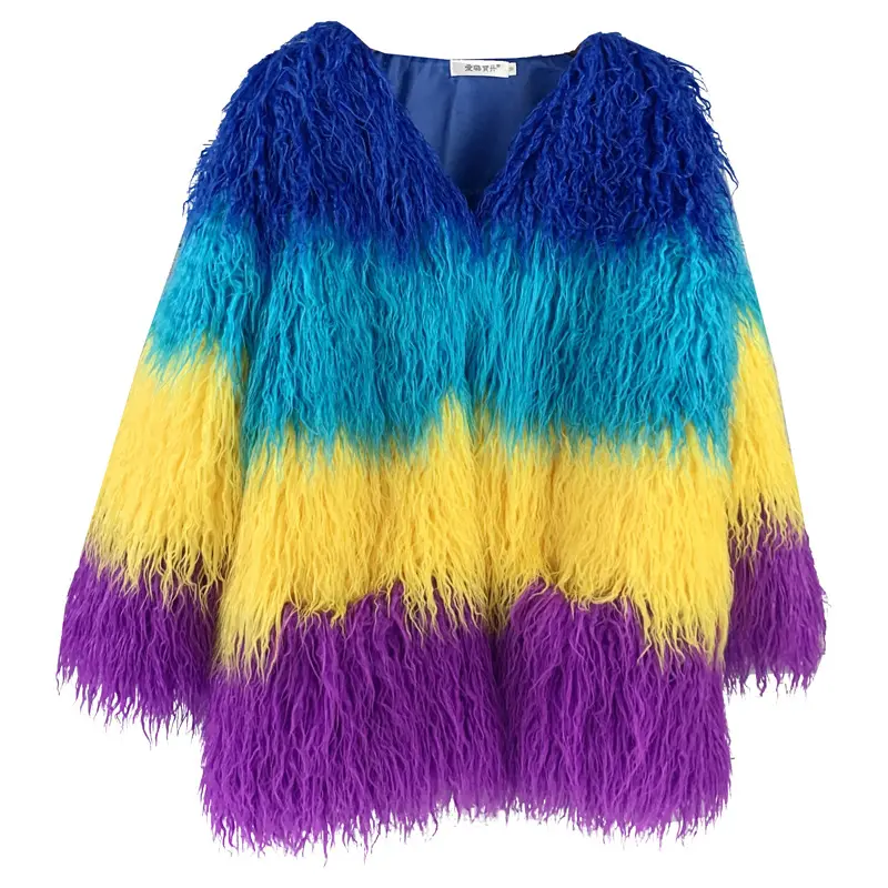 Imitated Tibet Sheep Mid-Length V-Neck Gem Sky Blue Yellow Purple Contrast Color Fur Stitching Lamb Wool Coat