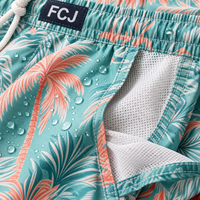 Shorts de bain pour hommes à imprimé palmier vert sarcelle, résistants à l'eau, avec doublure de compression, fabrication sur mesure