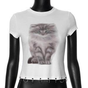 Top corto ajustado de verano 2024 para <span class=keywords><strong>mujer</strong></span>, nueva <span class=keywords><strong>camiseta</strong></span> de manga corta con cuello redondo y estampado 3D, moda informal con técnicas teñidas lisas - Product Image 6