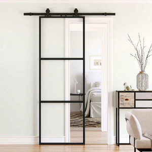 Porte de grange WEKIS en acier au carbone noir mat avec isolation acoustique intérieure en verre pour chambre, salon, salle de bain - Product Image 1