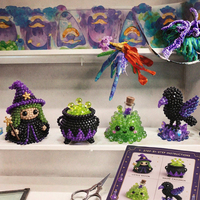 Kit d'artisanat DIY 3D perlé pour Halloween, ensemble de 4 figurines de sorcière, chaudron et corbeau, décoration de cadeau artisanal pour les fêtes