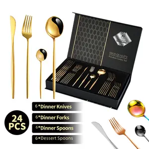 24pcs Gold Flatware 6 People Eating Utensils Forks Spoons Knives 410 Stainless Steel Cutlery Gift Box Set
