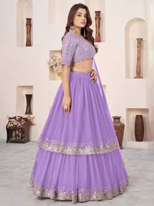 Lehenga violet moderne fluide en georgette douce avec bordure en dentelle richement ornée de sequins argentés, élégance royale et brillance pour les occasions de mariage - Product Image 4