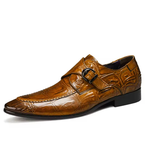 Chaussures montantes pour hommes en cuir véritable à motif crocodile, habillées et professionnelles, à enfiler, à bout pointu et boucle de moine britannique - Product Image 6