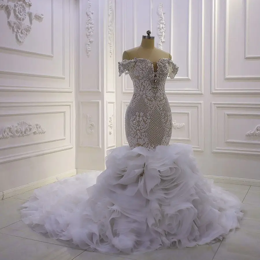 Kdg Crystal Tulle Lace Luxury Backless Beaded Ruffled Mermaid Arabic Wedding Dress Turkey Istanbul Pakistani Dresses For Wedding