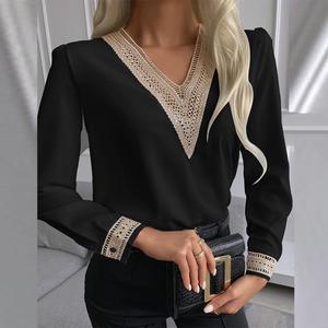 Camisas de gasa de seda satinada para mujer, blusa informal de manga larga de encaje con cuello de pico bordado para otoño - Product Image 5