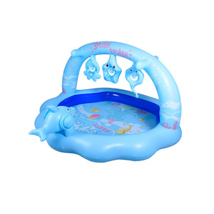 Piscine gonflable pour bébé avec jouets suspendus, pour 0 à 24 mois, design de dessin animé unisexe, forme de coquille bleue, matériau PVC - Product Image 1